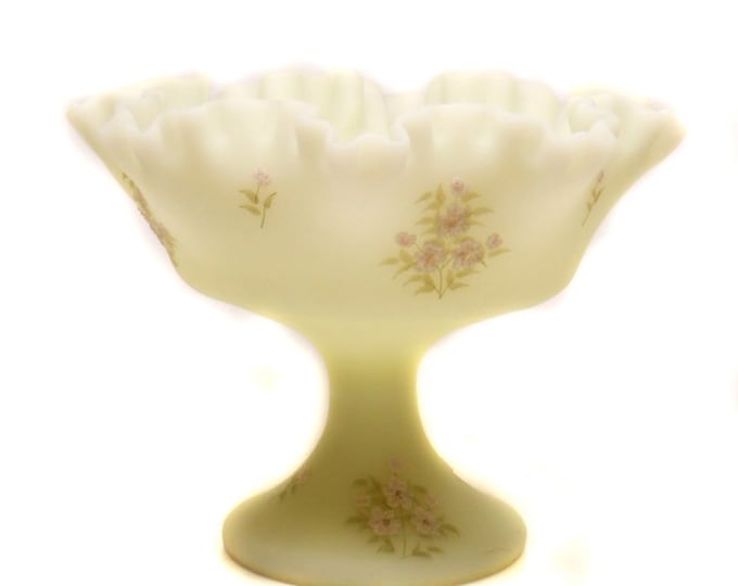 Storewide 25% Off SALE Vintage Original J.K. Kisner Hand Painted Fenton Yellow Lemon Custard Compote Featuring Elegant Frosted Ruffle Design