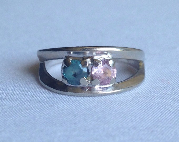 Storewide 25% Off SALE Vintage 10k White Gold Faceted Pink & Blue Duel Gemstone Designer Ring Featuring Open Arched Design
