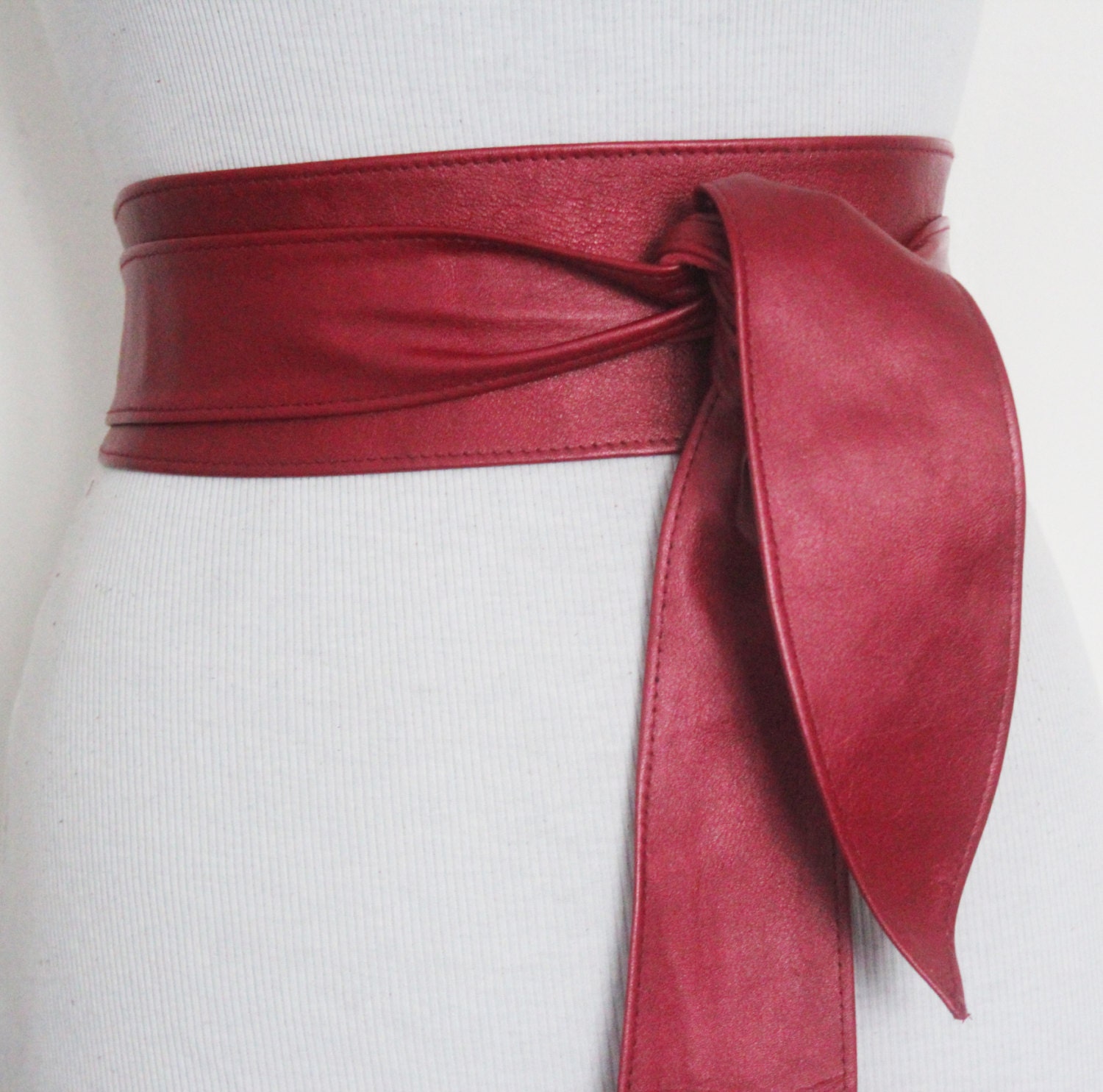 Red metallic Leather Obi Belt tulip tie Sash Belt Leather