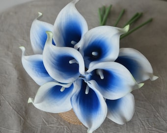 10 Picasso Royal Blue Calla Lilies Real Touch Flowers For Silk Wedding Bouquets, Centerpieces, Wedding Decorations