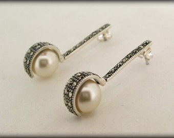 Pearl Earrings Silver Marcasite Wedding Bridal