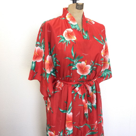 Womens Belted Caftan Dress Muumuu Hawaiian Print Red Hibiscus