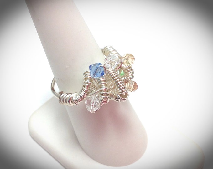 Silver filled wire wrapped cocktail ring with swarovski crystals