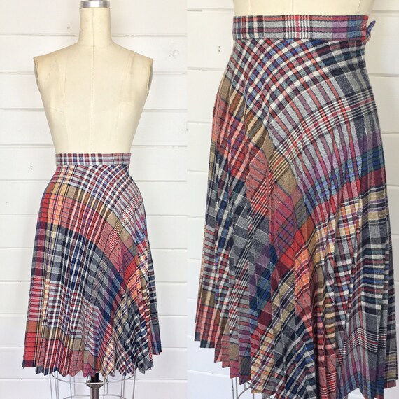 Vintage 1970s Rainbow Plaid Wool Skirt / Accordion Pleats