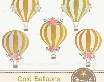 Gold Hot Air Balloons Clipart for Wedding, Pre-Nup, Birthday, Invitations, digital Scrapbooking, and more