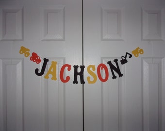 PERSONALIZED Letter Banner Orange, Yellow, Black Cardstock Paper Construction Garland Baby Shower Name Sign Birthday Party