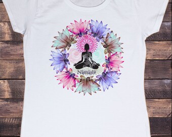 Women's T-Shirt Three Beautiful Namaste Buddha Lotus Meditation Zen Print TSZ4
