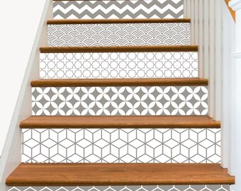 15steps Stair Riser Vinyl Strips Removable Sticker Peel & Stick : S001 Geometrical Taupe