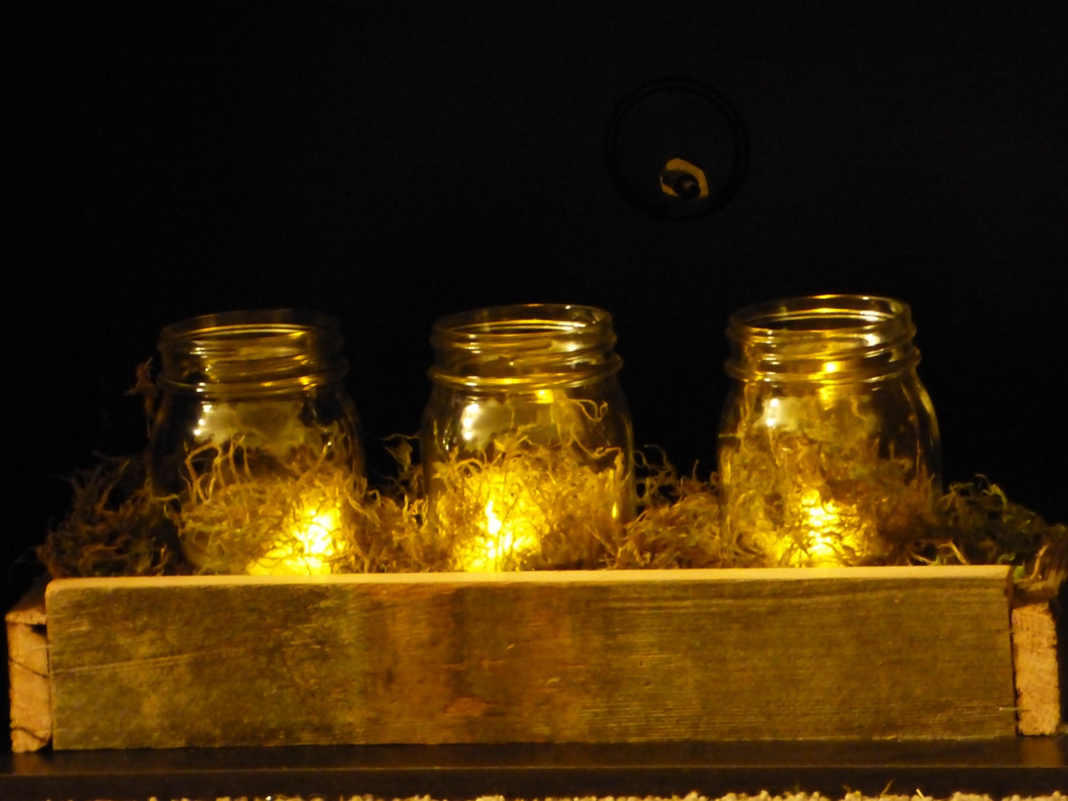 Mason Jar with Moss and Tea Light in Handmade Rustic Wooden