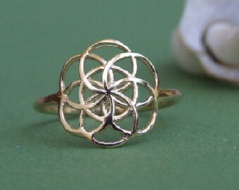 Gold Ring, Gold Seed of Life Ring, Gold Flower of Life Ring, Sacred Geometry Ring, Ethnic Ring, Flower Ring, Round Ring