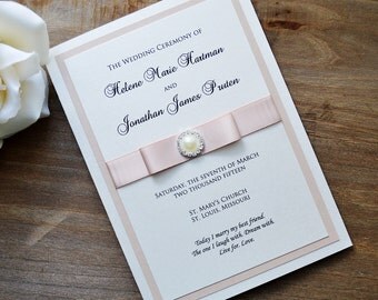 Wedding Program with Pearl Button and Satin Bow - Ivory or White Shimmer Folding Program - Custom Accent Colors and Wording