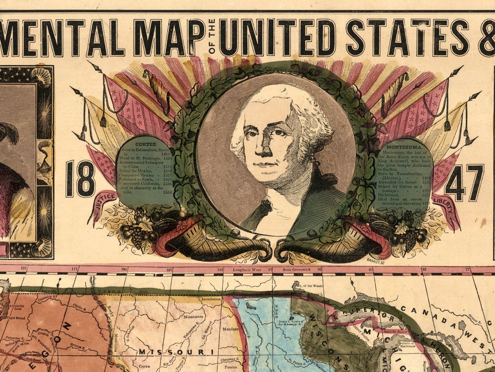 1847 ornamental map of the united states and mexico vintage art print