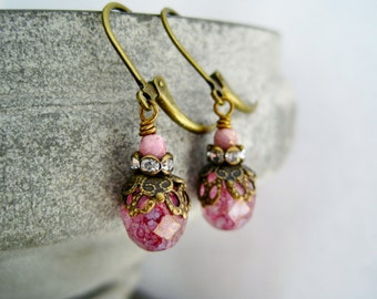 Ohrringe vintage rosa Strass earrings light pink czech glass beads rhinestone rondells antique brass dangles vintage earrings light pink