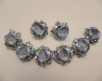 Vintage Blue Seashell & AB Rhinestone Flower Bracelet Earring Demi Set Handmade