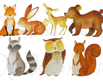 Watercolor forest animals clipart, foxes clipart, Forest animal clipart, Woodland Animal clipart, Animals illustration, Bear illustration