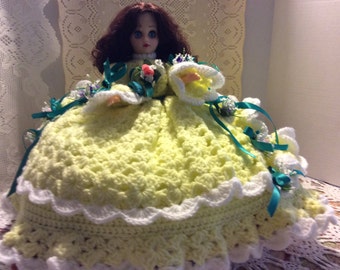 Vintage Mardi Gras Doll, Pillow Doll, Toilet Paper Doll, Yellow and White Crochet Doll with Flowers, Shabby Chic Decor