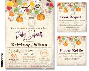 Fall Baby Shower Invitations Little Pumpkin Rustic Fall Mason Jar Shower Party Invites Autumn Halloween Retro // Printable OR Printed BS250