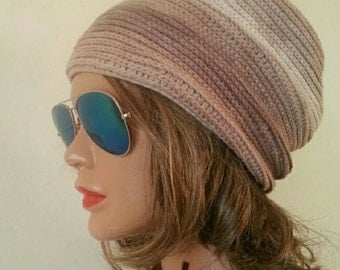 Cotton SLOUCHY Beanie Hat Crochet Brown Melange Mix Chemo Cap - Chemo Hat Womens Cancer Slouch Beanie