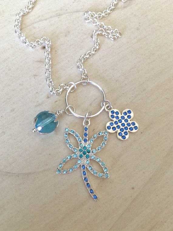 Aquamarine & Sapphire Crystal Dragonfly and Flower Pendants Sterling Silver Necklace
