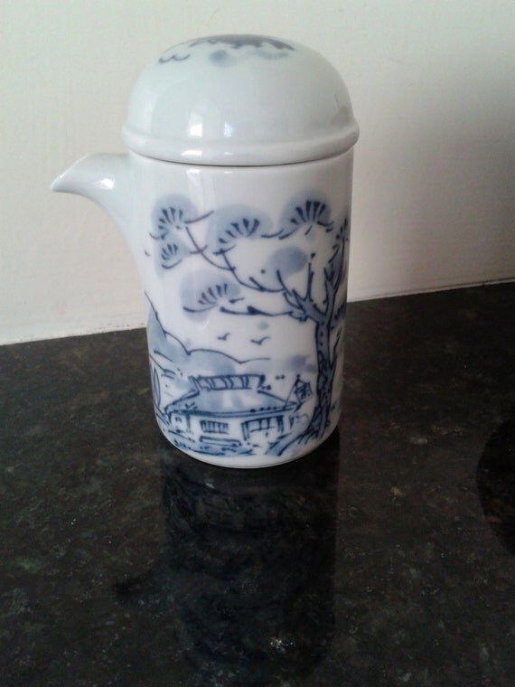 Vintage Sake Decanter With Spout Blue and White Porcelain