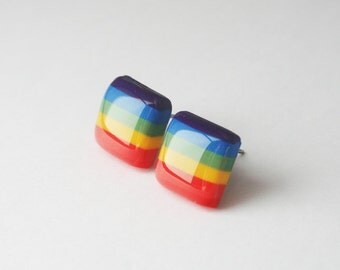 Square Rainbow Studs, Gay Pride Rainbow Colorful Jewelry, Hypoallergenic Polymer Clay Rainbow Earrings, Nickel Free Titanium, Gift for her