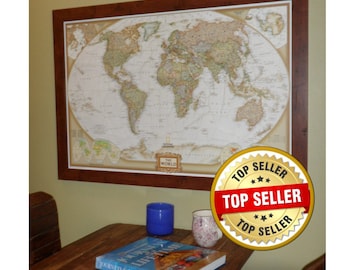 World Earth-toned Push Pin Travel Map with Pins and Frame
