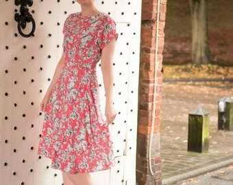 1940s dress, handmade vintage inspired "Ella" dress in a coral floral print , pleated waist detail. Made to order in size.