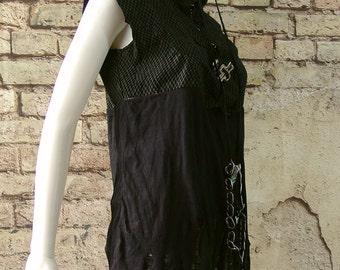 Post apocalyptic black leather top shredded distressed tattered industrial rocker sleeveless 36 inch chest small