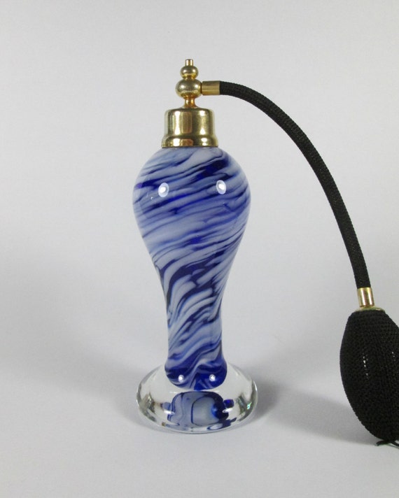 Items similar to Perfume Bottle with Atomizer, Tall Cobalt Blue & White