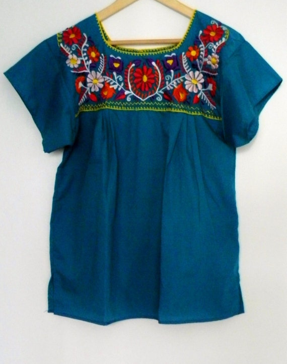 Authentic embroidered Mexican Blouse Puebla Dark Teal