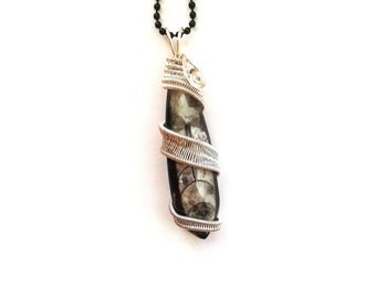 Wire Wrapped Orthoceras Necklace, Wire Fossil Jewelry, Wire Wrapped Pendant, Wire Weaved Natural Crystal Jewelry, Unique Gift Idea