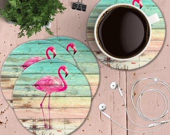 Pink flamingo Coasters, Key West Chic Flamingos on Wood, Set of 4 Tropical Coasters, Shabby Beach House Coaster, Summer Coasters