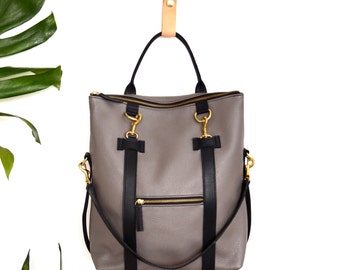 Items similar to 3-in-1 Leather Backpack Taupe Grey Convertible ...