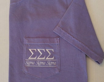 Sorority Shirts, Sigma Sigma Sigma, Tri Sigma, Sorority Shirt, Greek Letters, Pocket T Shirt, Monogrammed Pocket T, Personalized T Shirt