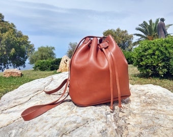 Women's Bucket Bag, Oiled Tanned Tobacco Leather Carry On Bag.