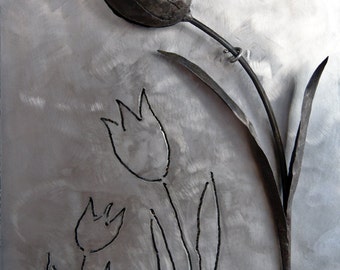 Black tulip wrought iron over inox plate forged metal flower steel wall decor fine art wall sculpture bridal gift love housewarming gift