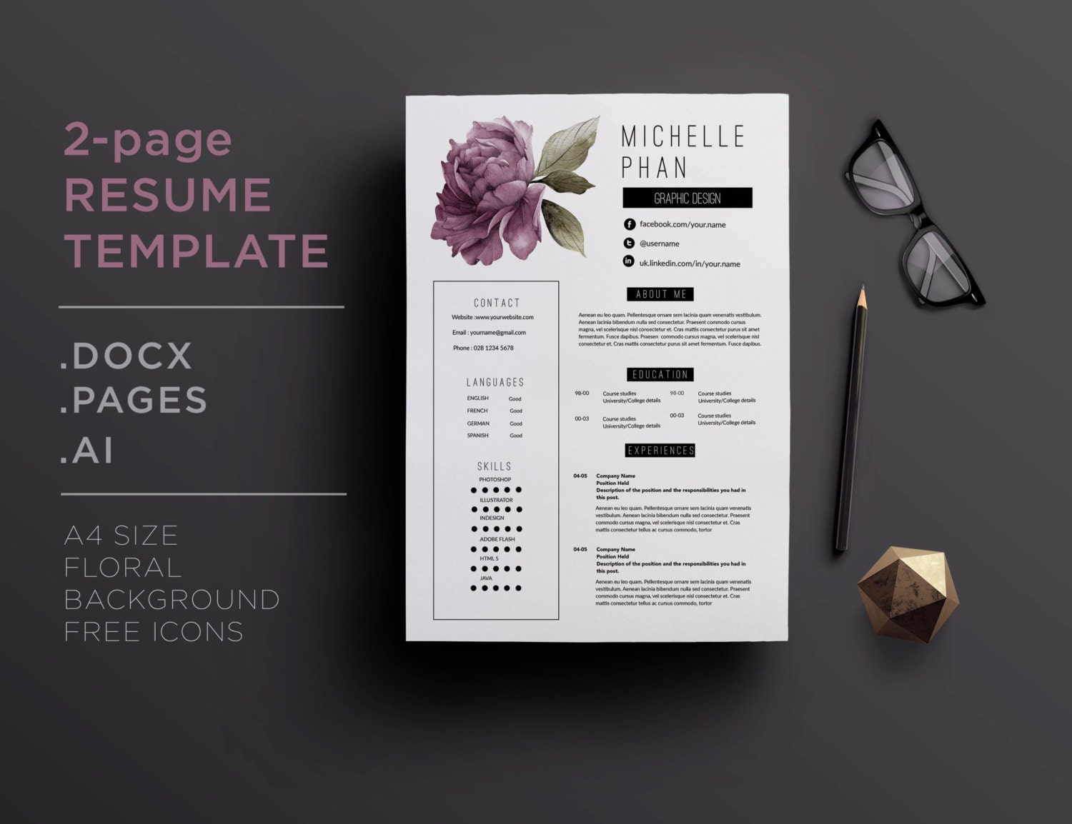 Elegant 2 page CV template / 2 page resume violet floral