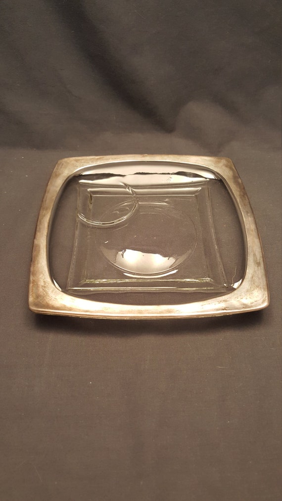 Set of 12 Vintage Square Glass Plates Silver Looking Trim