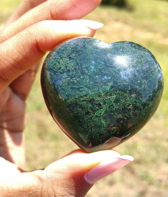 Adorable 45mm GREEN MOSS AGATE Puffy Heart Healing Crystals