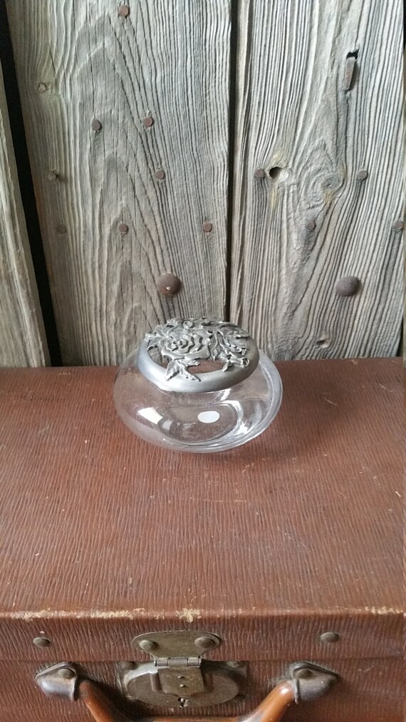 French Vintage Glass Trinket Box with Decorative Pewter Lid