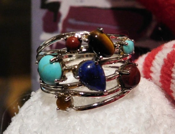 Multi Stone Vintage Sterling Ring Turquoise Tigers Eye Lapis Lazuli Carnelian Sterling Silver 925 ATI Staggered Gemstone Gem Ring BOHO Hip