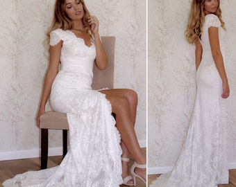 Boho wedding dress/ Wedding Dress/ Lace wedding dress/ Cap Sleeve wedding dress/ Beach Wedding Dress/ Wedding Dress with Split