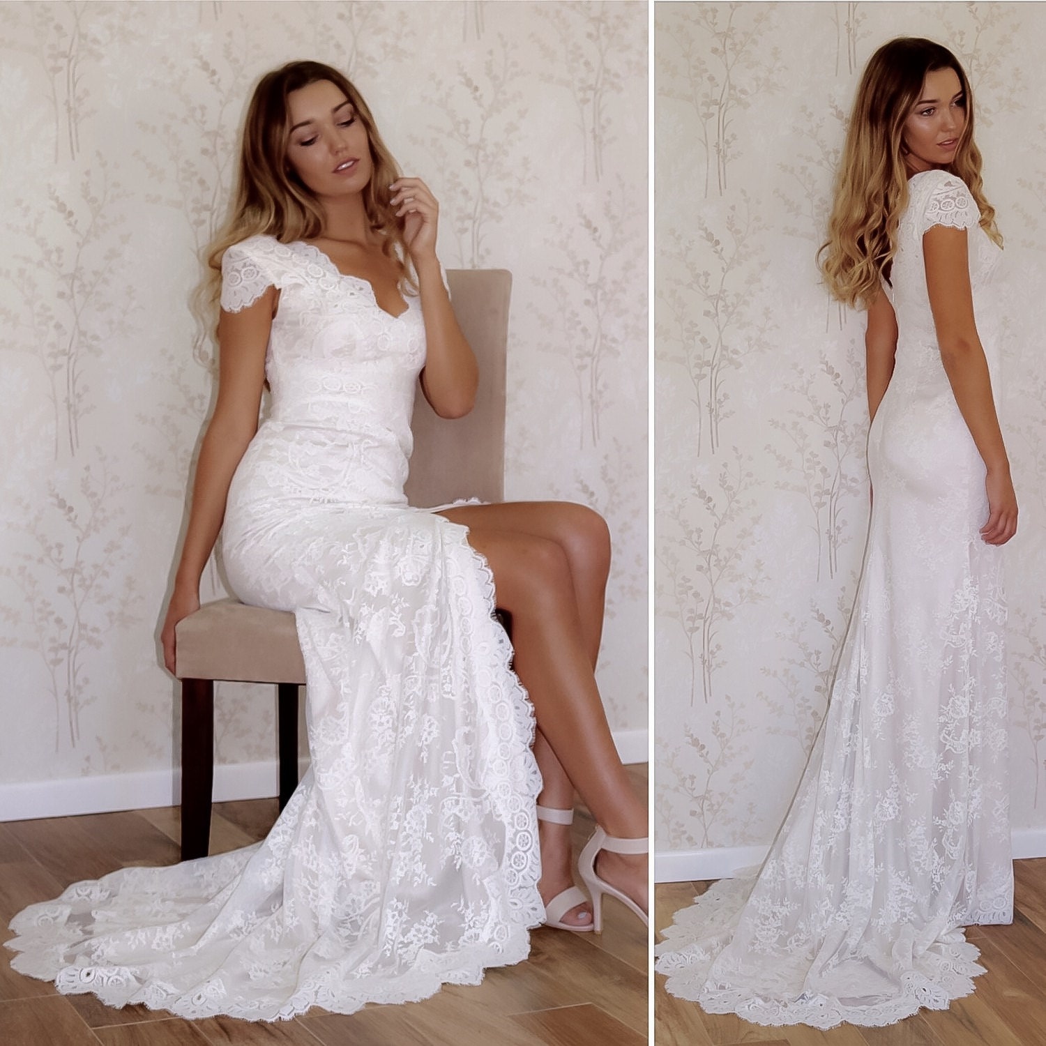 Boho wedding dress/ Wedding Dress/ Lace wedding dress/ Cap