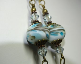 Windswept Lampwork in white with Robins Egg Blue and Taupe & Swarovski Crystal Earrings
