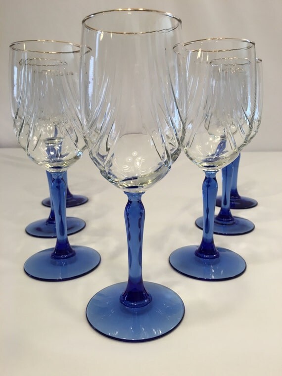 Eligant Blue Stem and Gold Rim Wine GlassesSet of 9