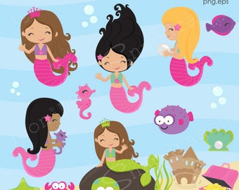 Mermaid clipart, Fish clipart, Under the Sea clipart, Cute Mermaid, Seahorse, Cute Fish, Mermaid Papers, Commercial License Included