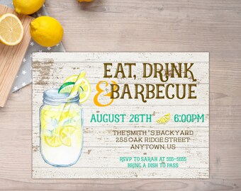 BBQ Invitation, Graduation Invitation, Summer Party, Family Reunion, Labor Day, Eat Drink BBQ, Lemonade, Housewarming, Birthday Barbecue