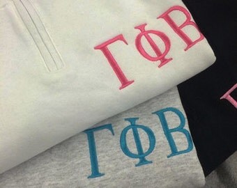 Gamma Phi Beta Quarter Zip Pullover, Gamma PhiBeta Cadet Jacket, Greek Apparel, Gamma Phi Beta Sorority Letters, Gamma Phi fleece sweatshirt