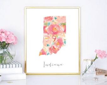 Indiana Watercolor Flower State - 8x10 print - 16x20 Print - DIY Print - Digital Download Print - Chic Wall Decor - Watercolor Floral State
