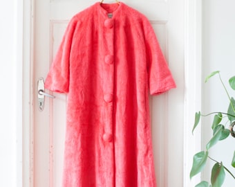 Vintage 60s House Robe Neon Pink Robe Long House Coat Coral House Robe Plush Gown Fluffy Robe Womens Medium Robe House Gown 70s Robe Neon M